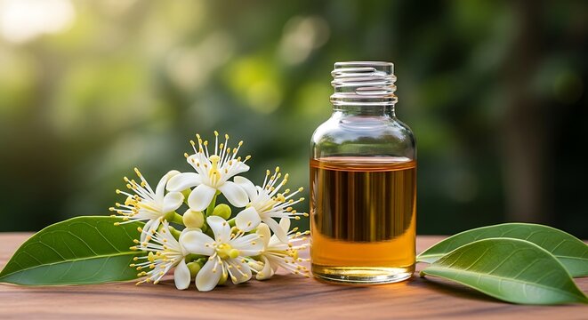 A small glass bottle of amber liquid sits on a wooden surface surrounded by green leaves and white flowers