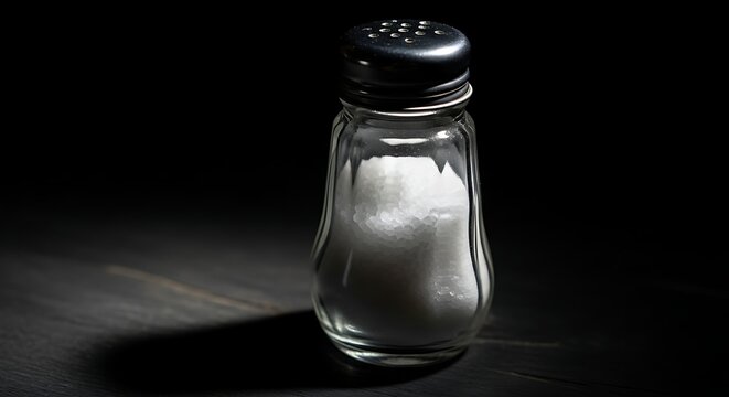 A small glass salt shaker with a black lid on a dark surface