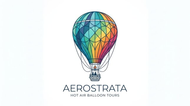 Graphic hot air balloon logo for air tours featuring stained glass style color sections.