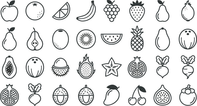Set of thin line web icons showing exotic dragonfruit starfruit mango and everyday grocery fruit visuals,
