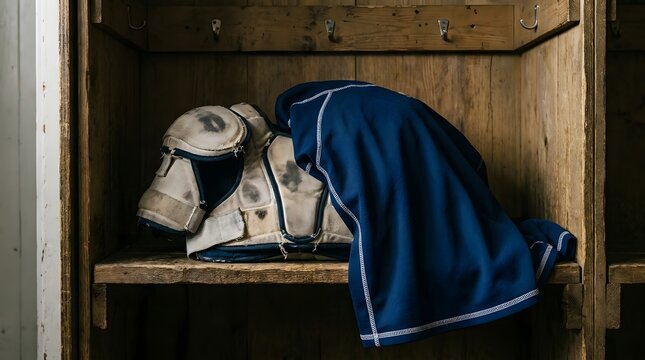 Vintage ice hockey shoulder pads inside a wooden locker room cubby covered by a blue shirt for sports nostalgia and athletic heritage concepts