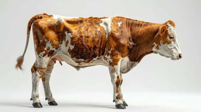Brown and white cow standing alone.