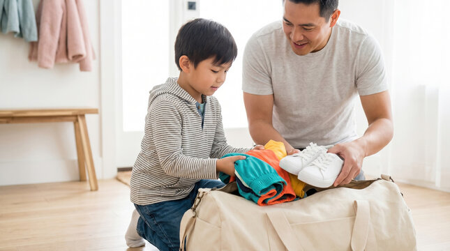 A father and son pack colorful clothes and shoes into a duffel bag together in a bright home entryway. The scene shows cooperation and family travel preparation with natural light.