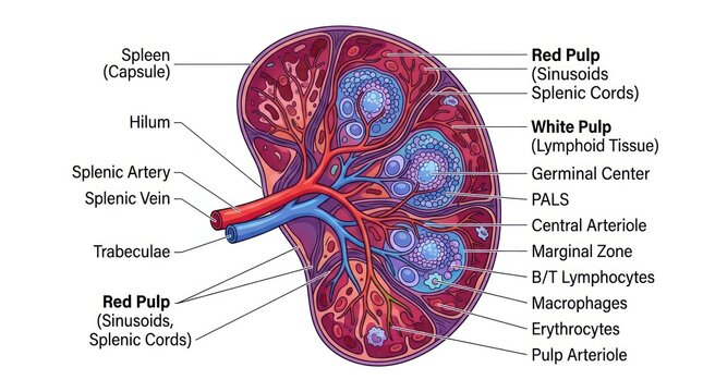 Educational diagram of human spleen anatomy with detailed labels for medical researchers.