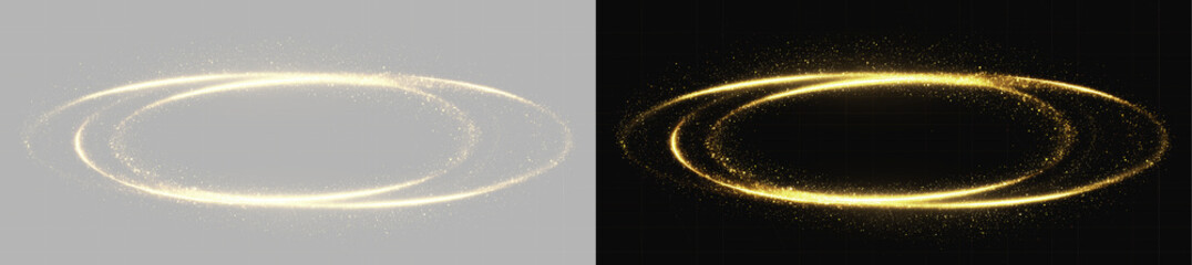 Double golden glowing orbital rings in perspective on black and transparent background © Maxim