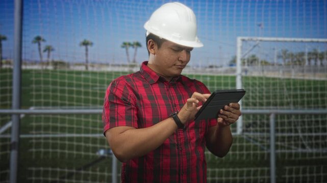 Man architect in hardhat tapping tablet with finger while checking plans and site layout at building site; planning focus teamwork.
