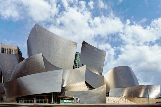 LOS ANGELES, CA - OCT 15, 2021: Curved stainless steel building facade