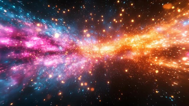 Epic hyperdrive journey through colorful glowing galaxy, majestic deep space background for sci-fi gaming trailer and astronomy documentary.