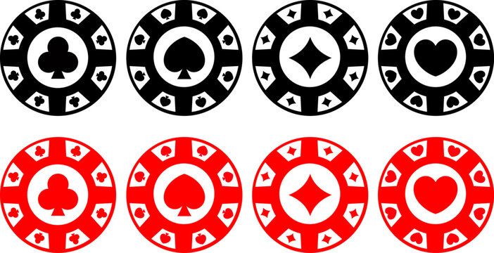 Casino poker chip vector set with suits, red and black gambling tokens for betting games, isolated roulette and blackjack chips collection on a white background
