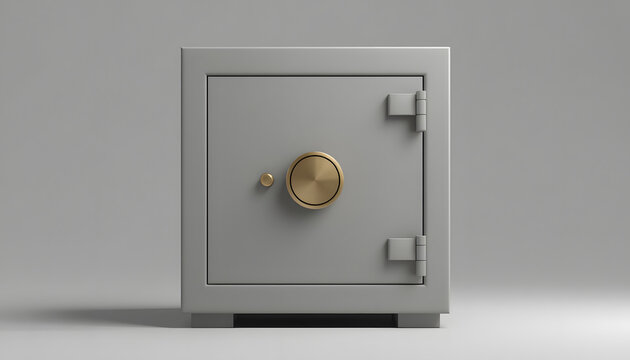 Minimalist 3D render of a heavy gray bank safe box with a golden combination wheel lock.