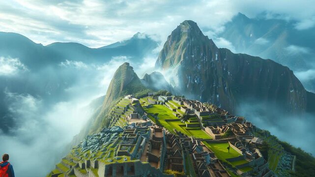 Epic majestic view of ancient Machu Picchu ruins in misty mountains, inspiring hiker travel adventure and historical documentary background