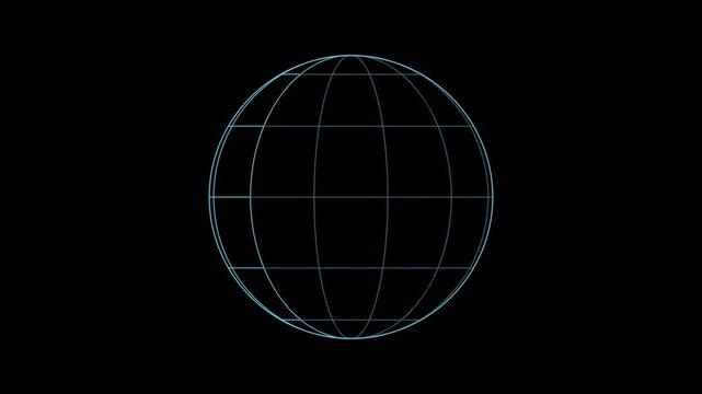 Blue wireframe globe rotating slowly, transparent background seamless loop animation