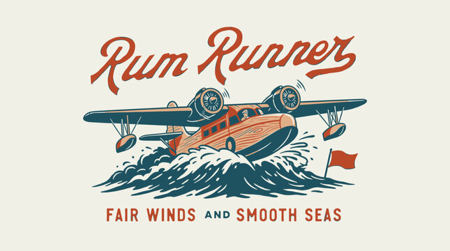 Vintage nautical seaplane flying boat cutting through ocean waves, retro graphic illustration for t-shirt design and rum distillery branding.