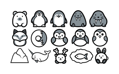 Cute polar animal icon set featuring penguin walrus polar bear fox narwhal and reindeer © ARIF