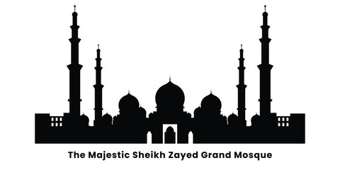 Minimalist Black Silhouette of Sheikh Zayed Grand Mosque Abu Dhabi Iconic Islamic Architecture Landmark Isolated on White Background Vector Illustration © DennisStudio