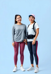 Obraz premium Two happy Asian women in athletic wear standing in studio