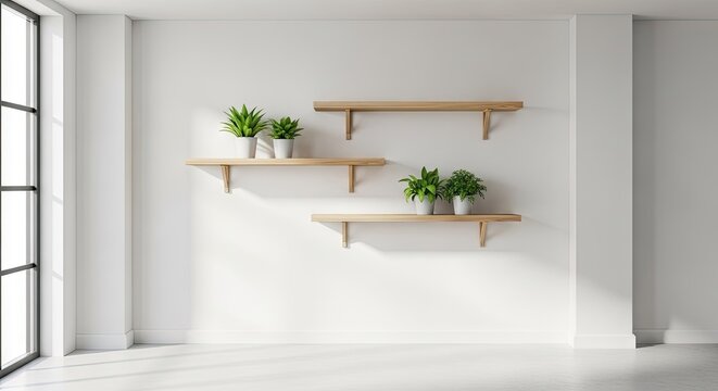 Minimalist interior design with plants on wooden shelves against white wall