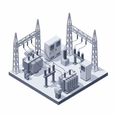 Obraz premium Isometric view of electrical substation with transformers and pylons.