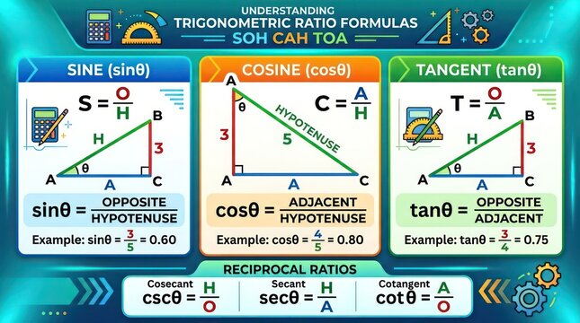 Educational guide to trigonometric ratio formulas with sine cosine tangent and triangles.