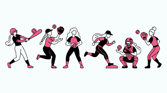 Female dodgeball players action and poses flat pattern background