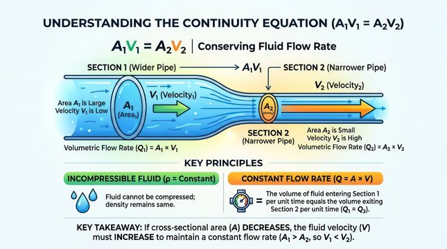 Educational infographic showing continuity equation principle for fluid flow in wide pipes.