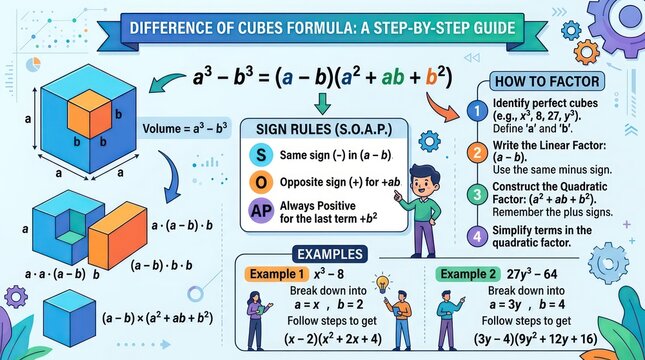 Mathematical step by step guide to difference of cubes formula with algebraic examples.