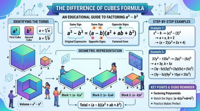 Illustrated guide to difference of cubes formula with geometry and step by step examples.