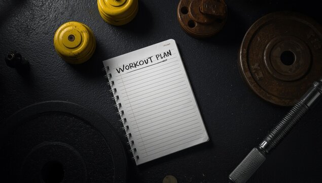 Flat lay of a workout plan notebook, dumbbells, and weight plates on a dark gym floor