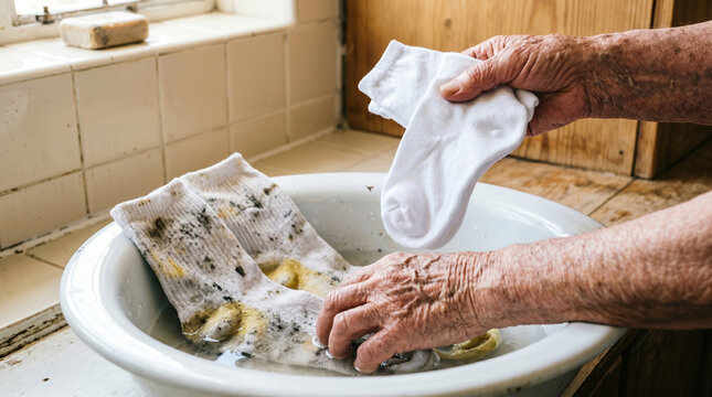 Elderly person washing socks in a bowl with soapy water at home  