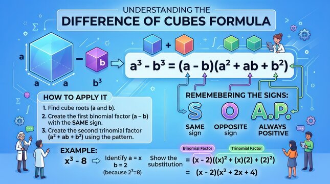 Educational poster demonstrating difference of cubes math formula for algebraic factoring.