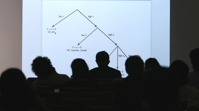 Audience silhouettes watching a business presentation with decision tree diagram during conference seminar, corporate training, education, strategic planning and professional development
