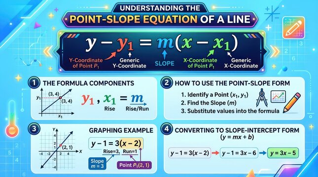 Mathematical visual guide explaining point slope form of linear line equation concepts now.