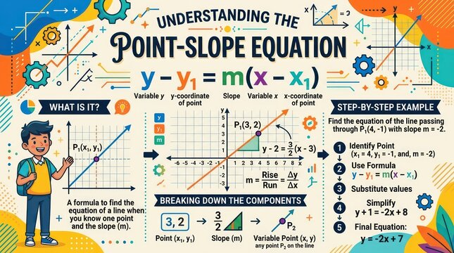 Educational infographic guide teaching point slope formula for linear algebra equations now.