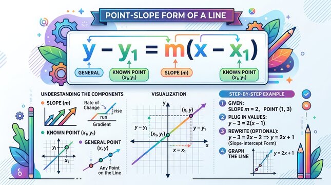 Educational visual guide explaining point slope form for linear line algebraic equations now.
