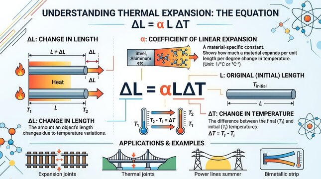 Educational infographic explaining linear thermal expansion formula and physical concepts.