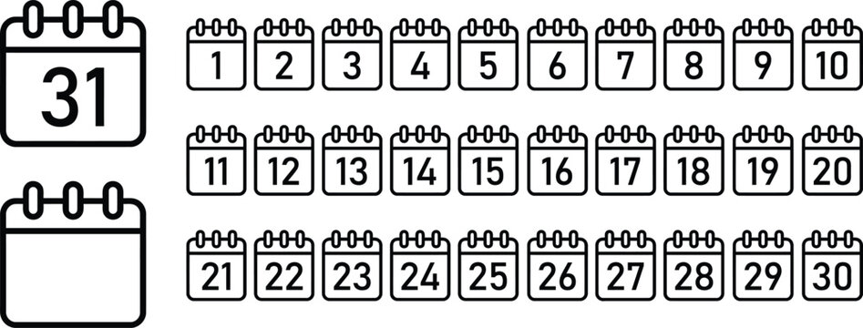 Set of calendar icons with numbers from one to thirty on transparent background.