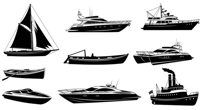 Collection of various boat and ship silhouettes.