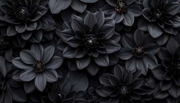 A seamless arrangement of dark flowers with orange centers on a matching background