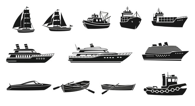 Collection of various boat and ship silhouettes.