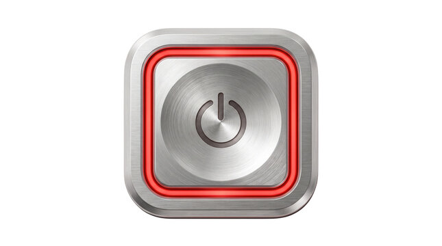 Metallic power button with red LED light, brushed steel start switch icon, industrial silver electronic control on white