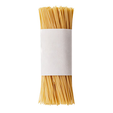 Bundle of raw spaghetti pasta held together by a simple blank white paper sleeve. Isolated white background. Png format