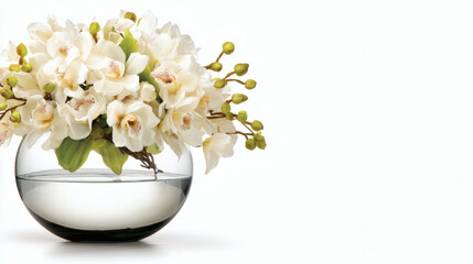 Obraz premium orchids displayed in glass vase, white background, closeup highlights petal textures and natural beauty, copy space for text placement. orchid, elegant, vase, glass, white background, closeup, 