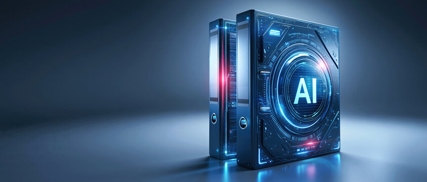Enterprise ai documen powered server units glowing with futuristic interface and cool blue