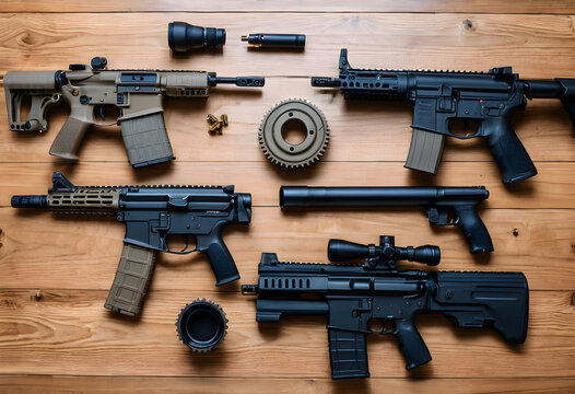 Flat lay of airsoft guns and accessories on wooden table