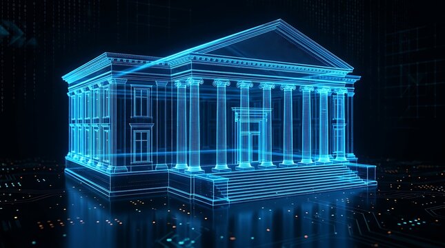 Digital rendering of a blue neon-lit classical building with columns and triangular roof, against a dark background