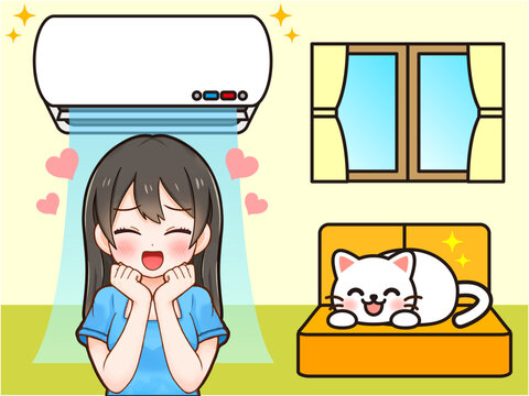 エアコンで冷えた部屋に喜ぶ女性のイラスト素材