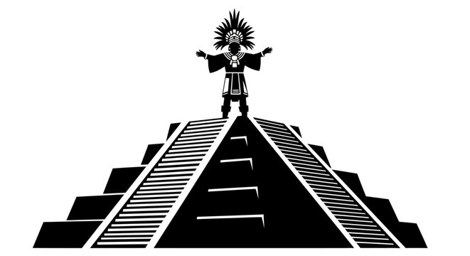 Aztec priest silhouette on Mayan pyramid, ancient Mexican temple vector illustration, tribal shaman chieftain standing on stone ziggurat