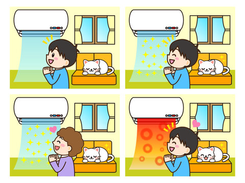 エアコンに喜ぶ人のイラスト素材セット