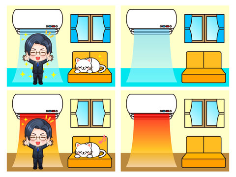 エアコンと部屋と男性のイラスト素材セット