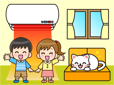 暖房で暖かい部屋に喜ぶ子供のイラスト素材2
